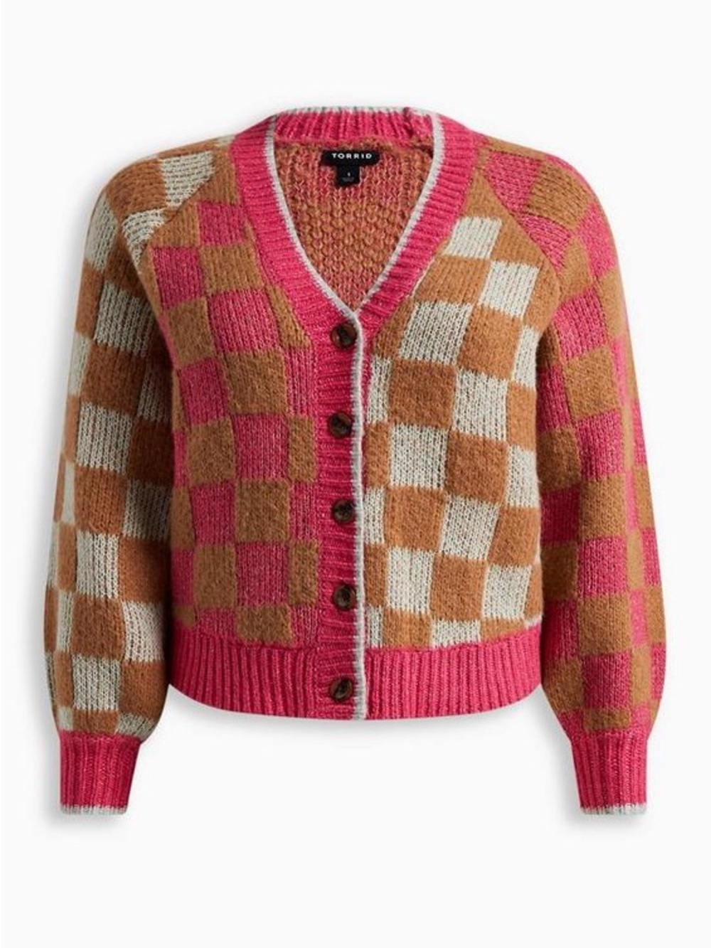 Torrid Chunky Cardigan V-Neck Button Front Sweater pink tan checkered - Picture 3 of 12